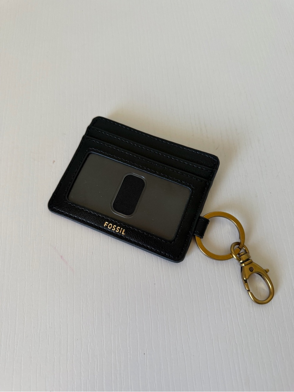 Fossil Black Leather Card Holder Keychain with Gold Hardware